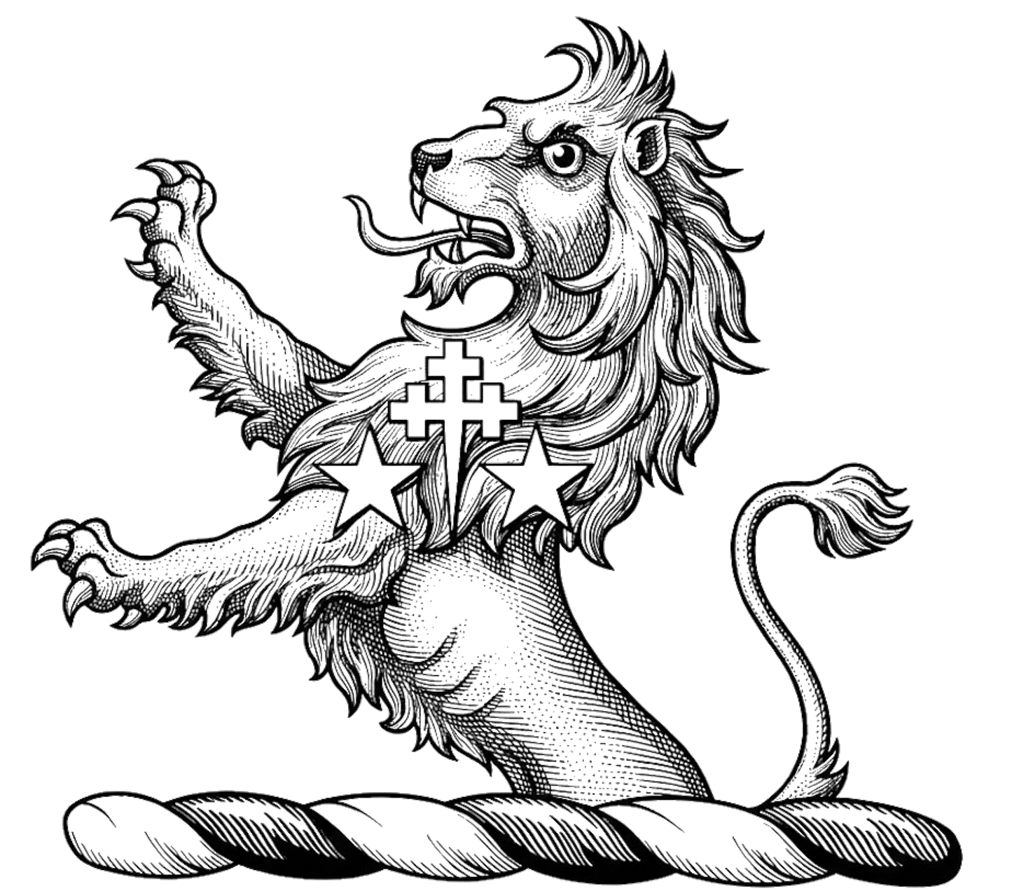 A demi-lion rampant Gules, charged on the shoulder with a cross patriarchal fitchée between two mullets Argent digital download: Includes Color PNG, B&W PNG, and SVG vector files