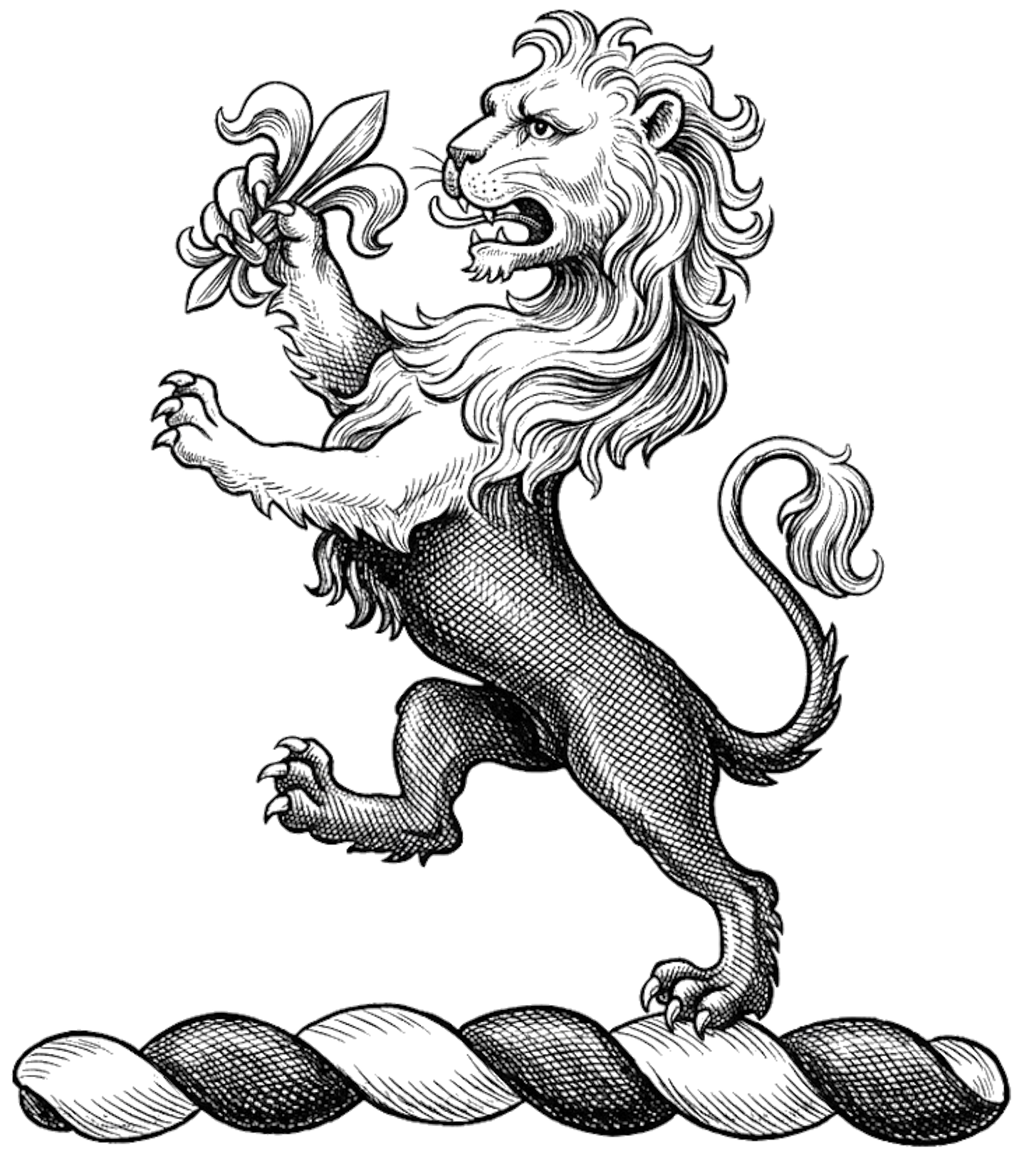 Lion Rampant per fesse Argent and Azure holding Fleur-de-lis digital download: Includes Color PNG, B&W PNG, and SVG vector files