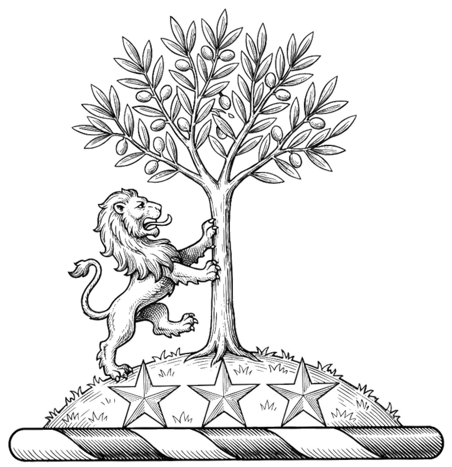 Three mullets or in front of a mount vert thereon an olive-tree ppr. and on the dexter side thereof rampant to the sinister a lion gu. digital download: Includes Color PNG, B&W PNG, and SVG vector files