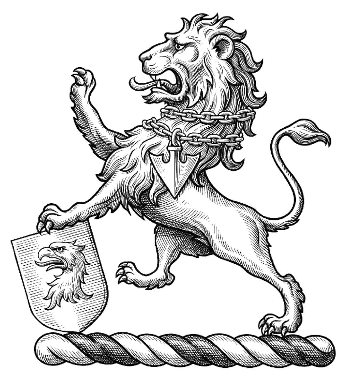 Lion rampant sable, gorged with a double chain or, pendent therefrom a pheon argent, resting the sinister paw on an escutcheon of the second, charged with an eagle’s head erased azure digital download: Includes Color PNG, B&W PNG, and SVG vector files