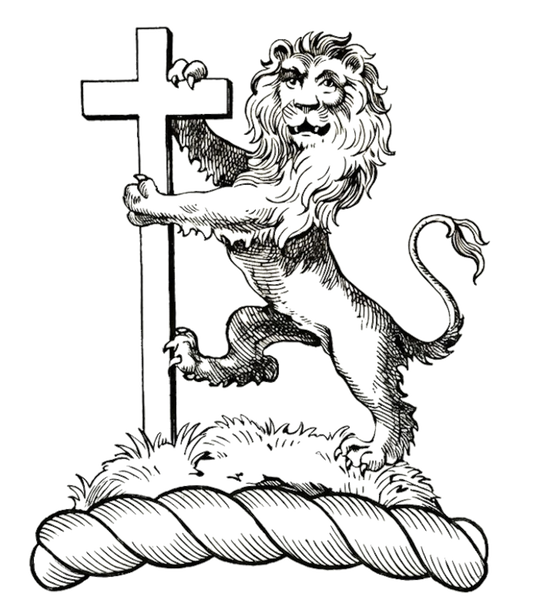 On a mount Vert, a lion rampant gardant Or, supporting a long cross Gules digital download: Includes Color PNG, B&W PNG, and SVG vector files