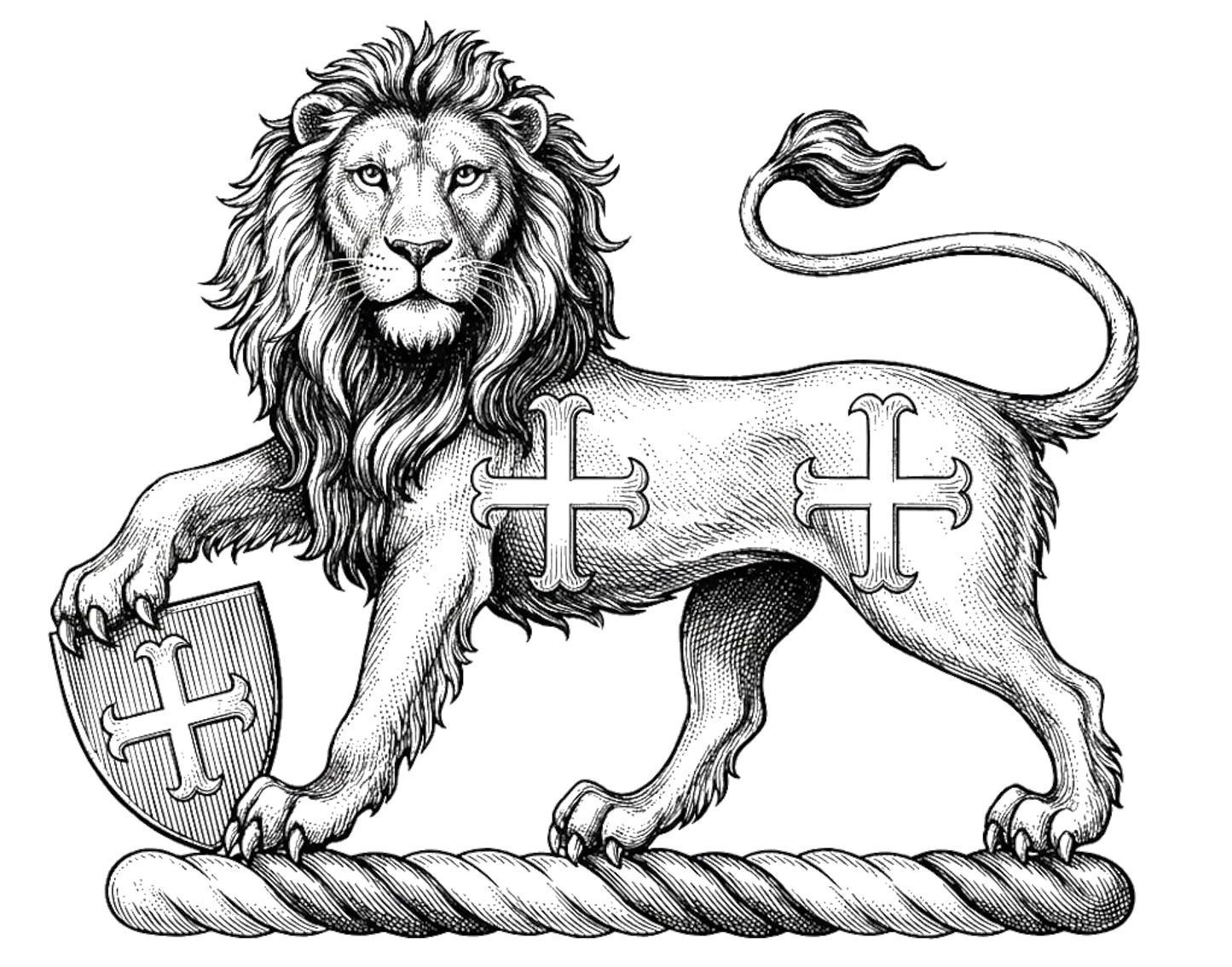 A lion statant guardant, charged on the body with two crosses moline, resting the dexter forepaw on an escutcheon charged with a cross moline digital download: Includes Color PNG, B&W PNG, and SVG vector files