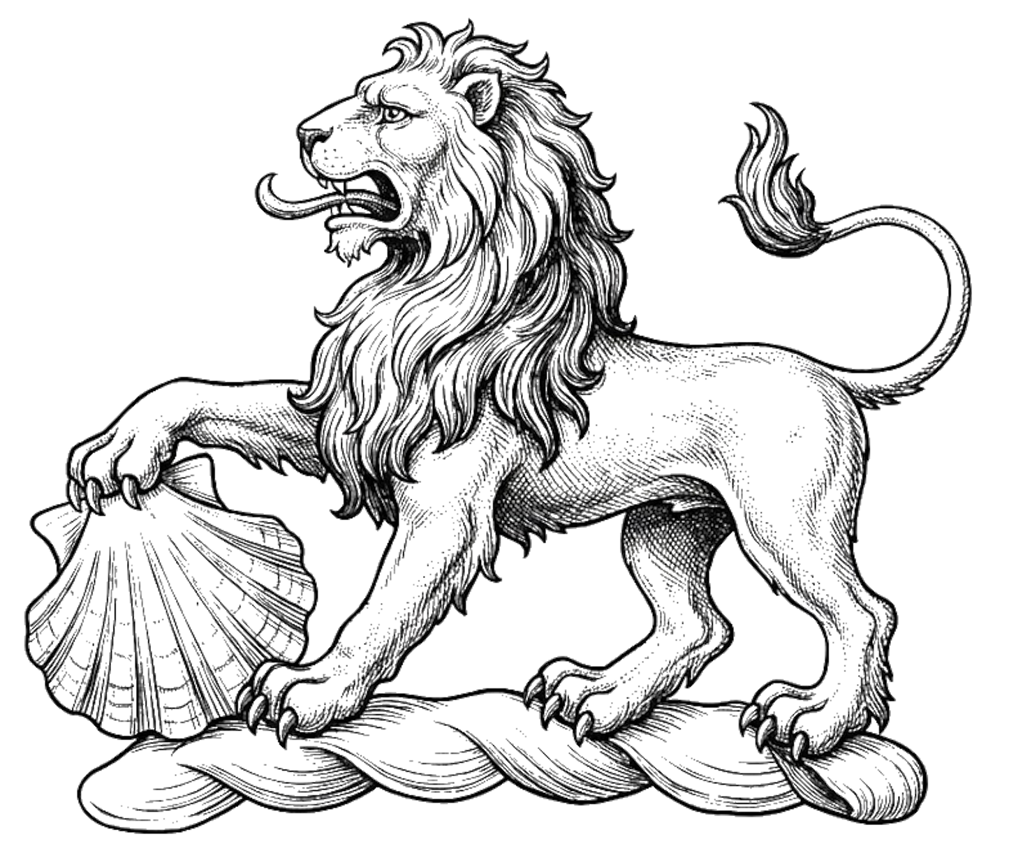 A lion passant, resting the dexter paw on an escallop digital download: Includes Color PNG, B&W PNG, and SVG vector files