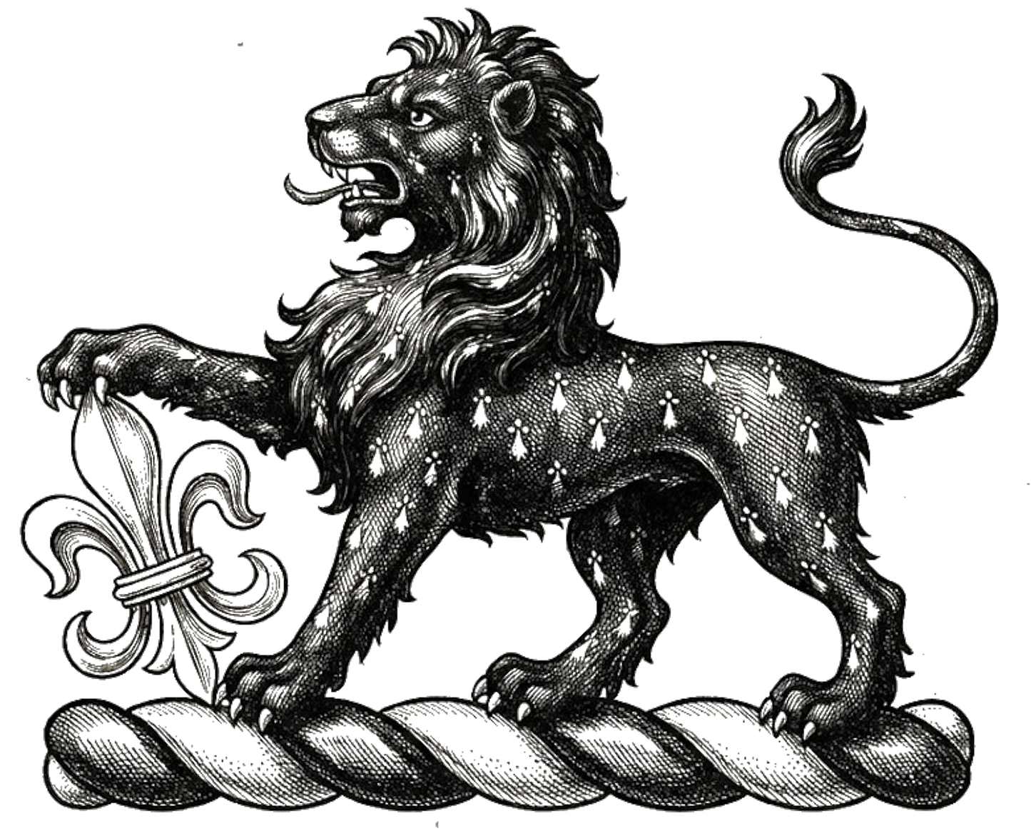 A lion passant ermines, resting the dexter paw on a fleur-de-lis or digital download: Includes Color PNG, B&W PNG, and SVG vector files