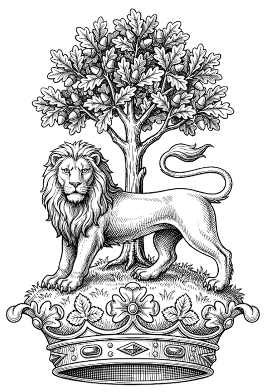 Out of a Ducal Coronet, a Lion Statant Gardant in front of an Oak Tree digital download: Includes Color PNG, B&W PNG, and SVG vector files