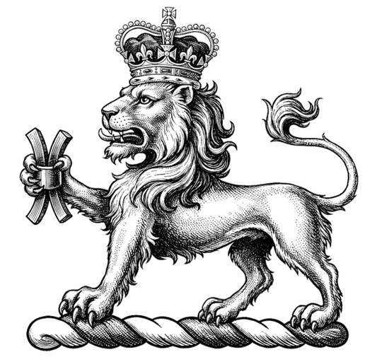A lion passant gardant, ducally crowned, holding in the dexter paw a millrind digital download: Includes Color PNG, B&W PNG, and SVG vector files