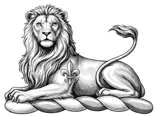 A Lion Couchant Gardant Charged With A Fleur-de-lis digital download: Includes Color PNG, B&W PNG, and SVG vector files