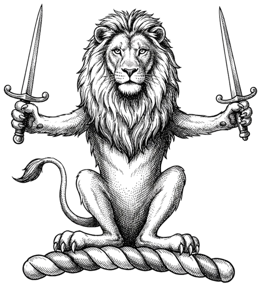 A lion sejant affrontée, holding in each fore-paw a dagger proper digital download: Includes Color PNG, B&W PNG, and SVG vector files