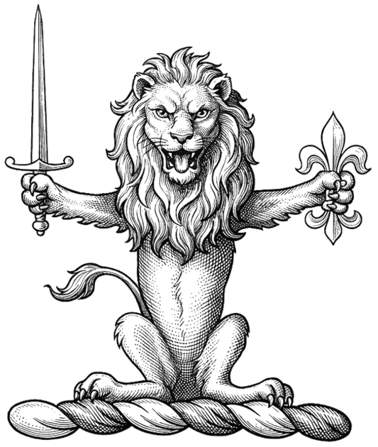 Lion Sejant Affrontee with Sword and Fleur-de-lis Crest digital download: Includes Color PNG, B&W PNG, and SVG vector files