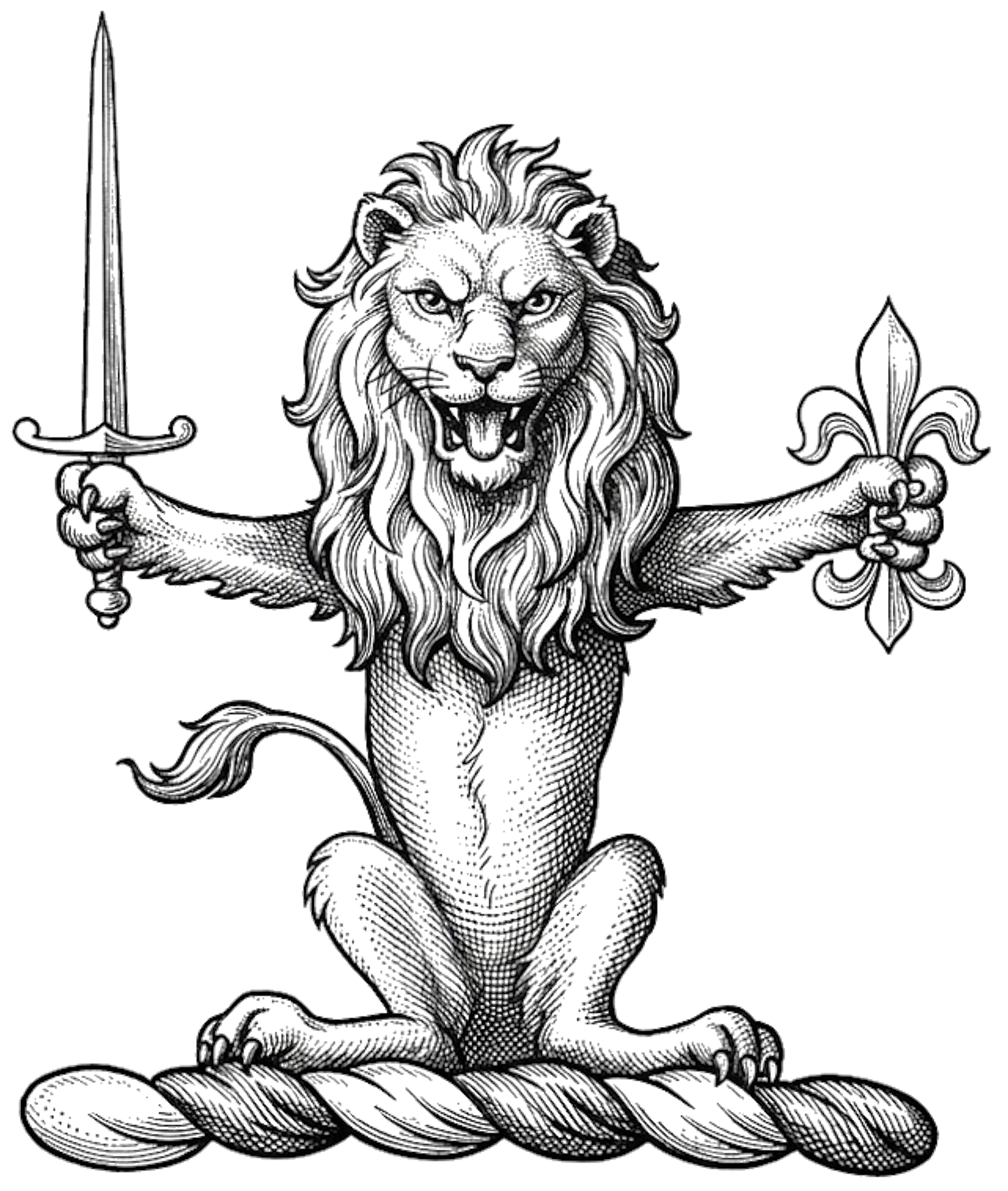 Lion Sejant Affrontee with Sword and Fleur-de-lis Crest digital download: Includes Color PNG, B&W PNG, and SVG vector files
