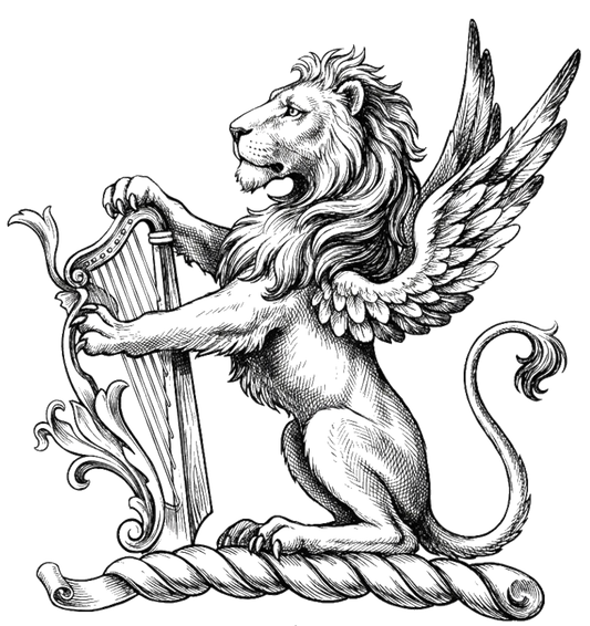 A winged lion sejant, wings endorsed, holding between the forepaws a harp digital download: Includes Color PNG, B&W PNG, and SVG vector files