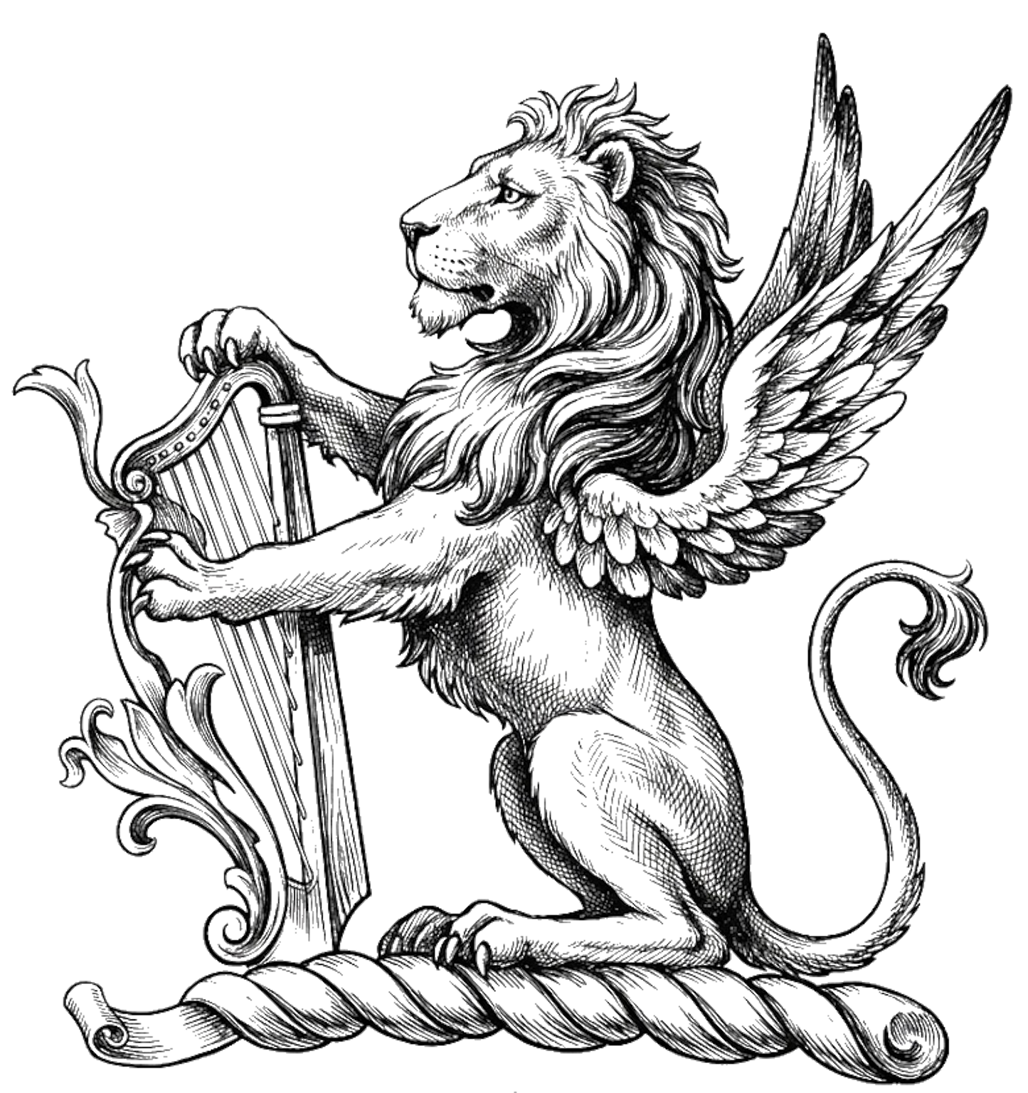 A winged lion sejant, wings endorsed, holding between the forepaws a harp digital download: Includes Color PNG, B&W PNG, and SVG vector files