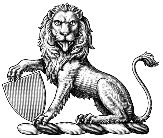 Lion Sejant Guardant Gules Resting Paw on Escutcheon digital download: Includes Color PNG, B&W PNG, and SVG vector files