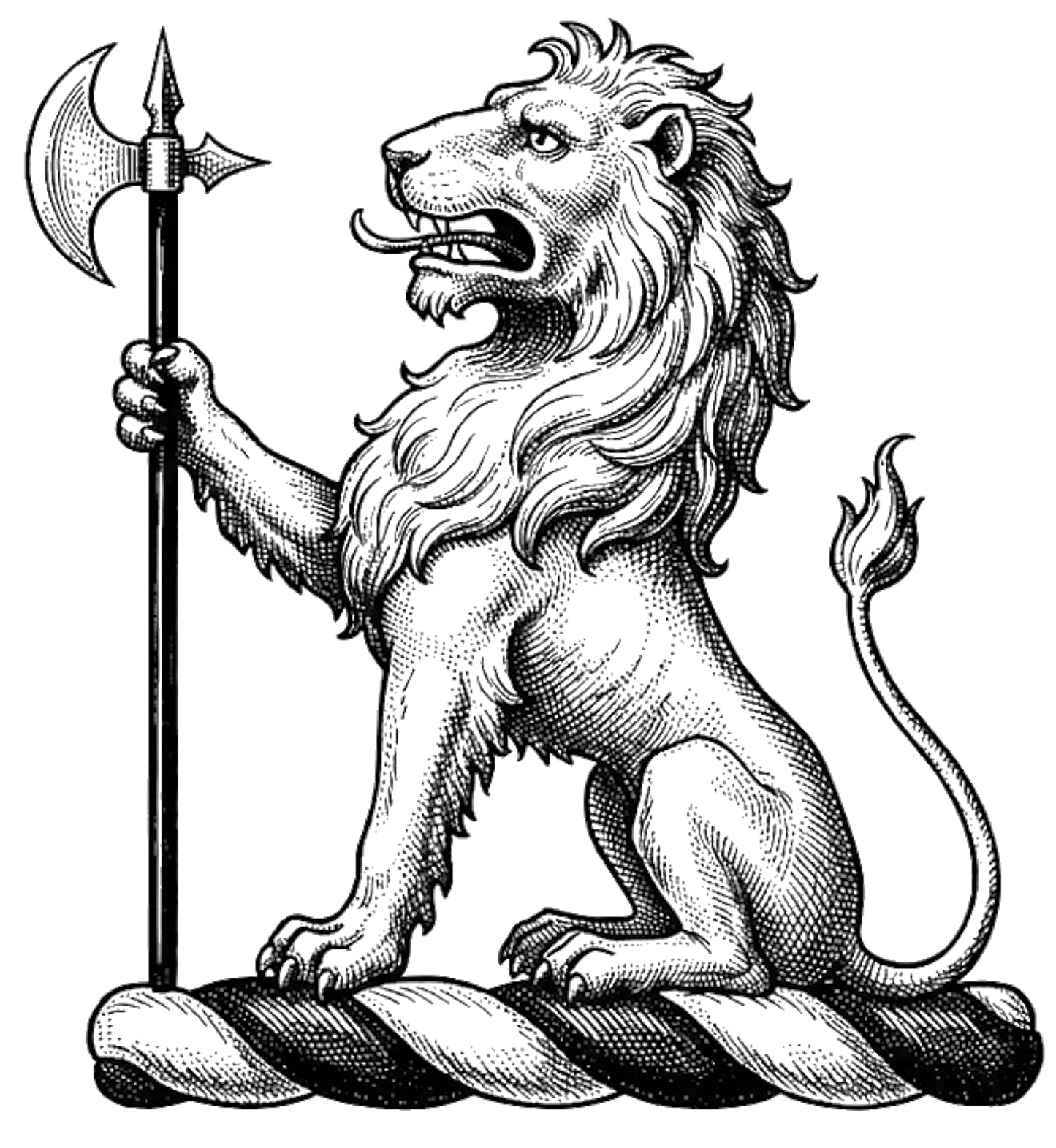 A lion sejant arg., supporting a battle-axe in pale sa., headed of the first. digital download: Includes Color PNG, B&W PNG, and SVG vector files
