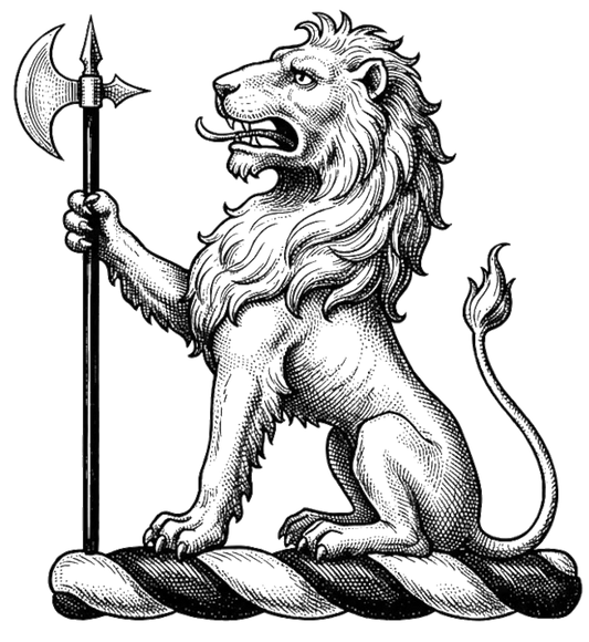 A lion sejant arg., supporting a battle-axe in pale sa., headed of the first. digital download: Includes Color PNG, B&W PNG, and SVG vector files