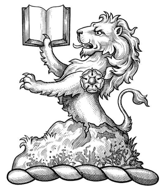Issuing from a mount vert, a demi-lion or, holding a book expanded ppr., charged on the shoulder with a rose gu. digital download: Includes Color PNG, B&W PNG, and SVG vector files