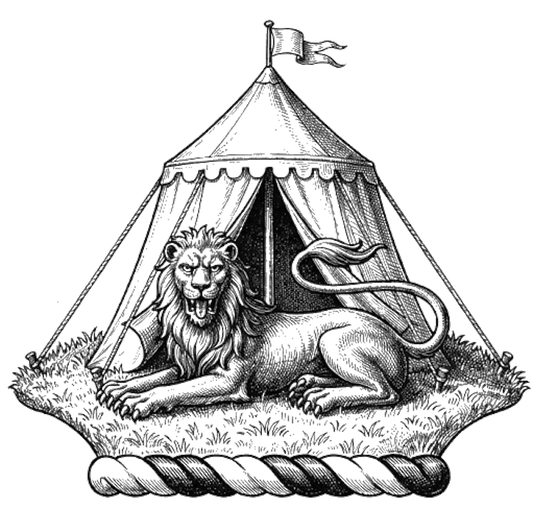 A mount vert, thereon a lion couchant gardant az., in front of a tent ppr., lined gu. digital download: Includes Color PNG, B&W PNG, and SVG vector files