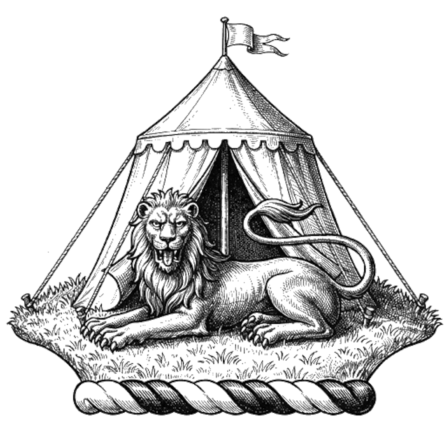 A mount vert, thereon a lion couchant gardant az., in front of a tent ppr., lined gu. digital download: Includes Color PNG, B&W PNG, and SVG vector files
