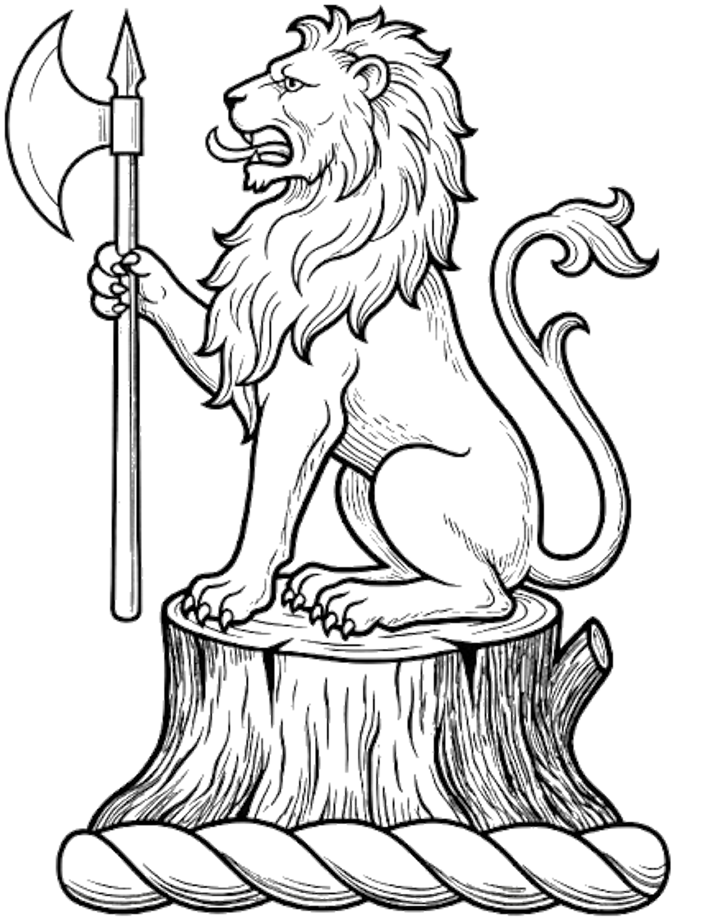 On the stump of a tree vert a lion sejant per fesse or and arg. holding in the dexter paw a battle-axe gu. headed of the third digital download: Includes Color PNG, B&W PNG, and SVG vector files