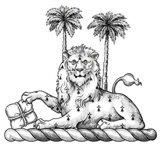 In front of two palm-trees proper, a lion couchant gardant erminois, resting the dexter claw upon a bale of cotton proper digital download: Includes Color PNG, B&W PNG, and SVG vector files