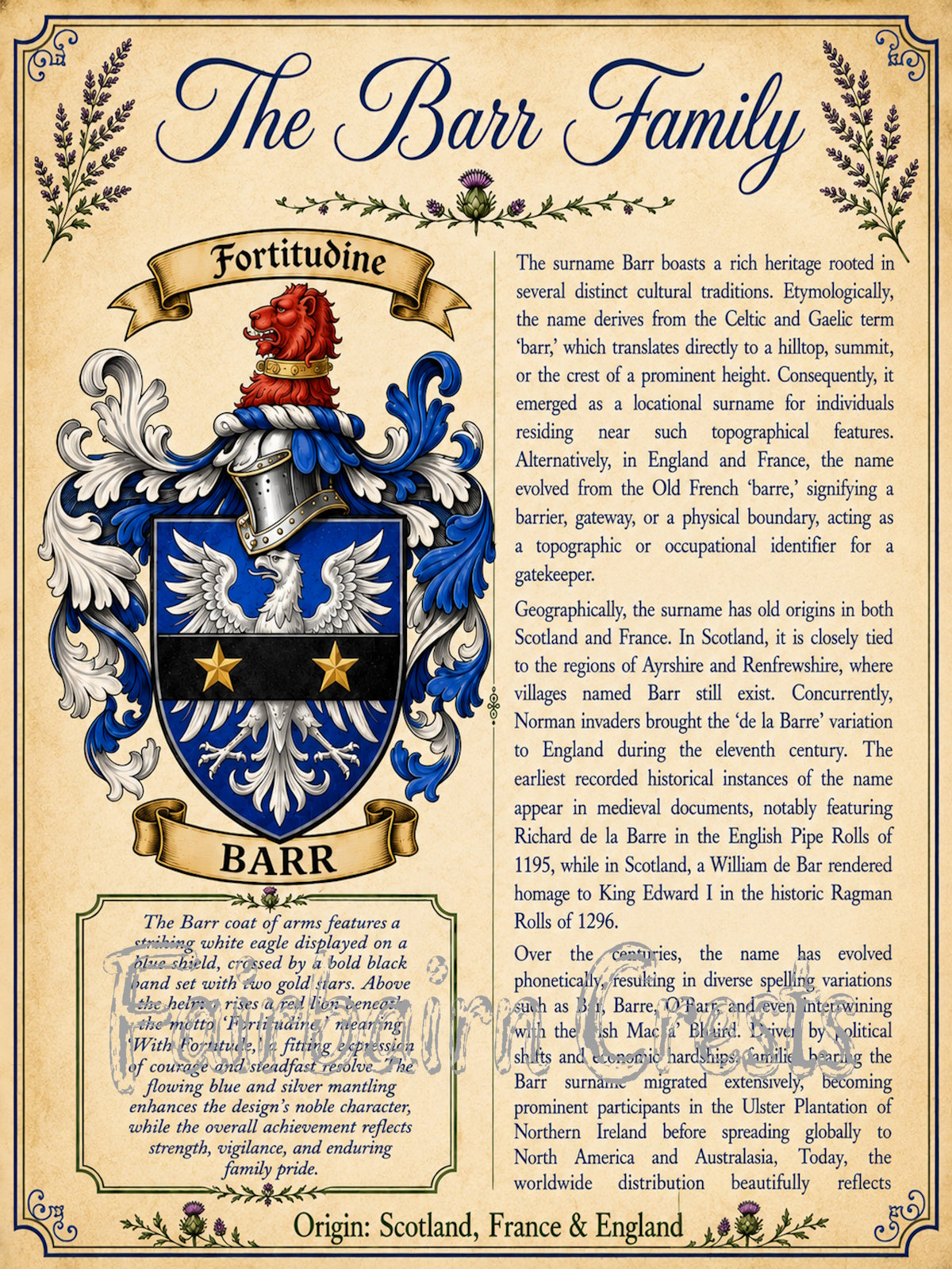 Barr Premium Surname History & Coat of Arms Poster (18x24) | High-Resolution Digital Download