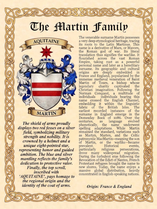 Martin Premium Surname History & Coat of Arms Poster (18x24) | High-Resolution Digital Download digital download: Includes Color PNG, B&W PNG, and SVG vector files