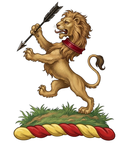 On a mount a lion rampant ppr., collared gu., holding in the dexter paw an arrow sa. digital download: Includes Color PNG, B&W PNG, and SVG vector files