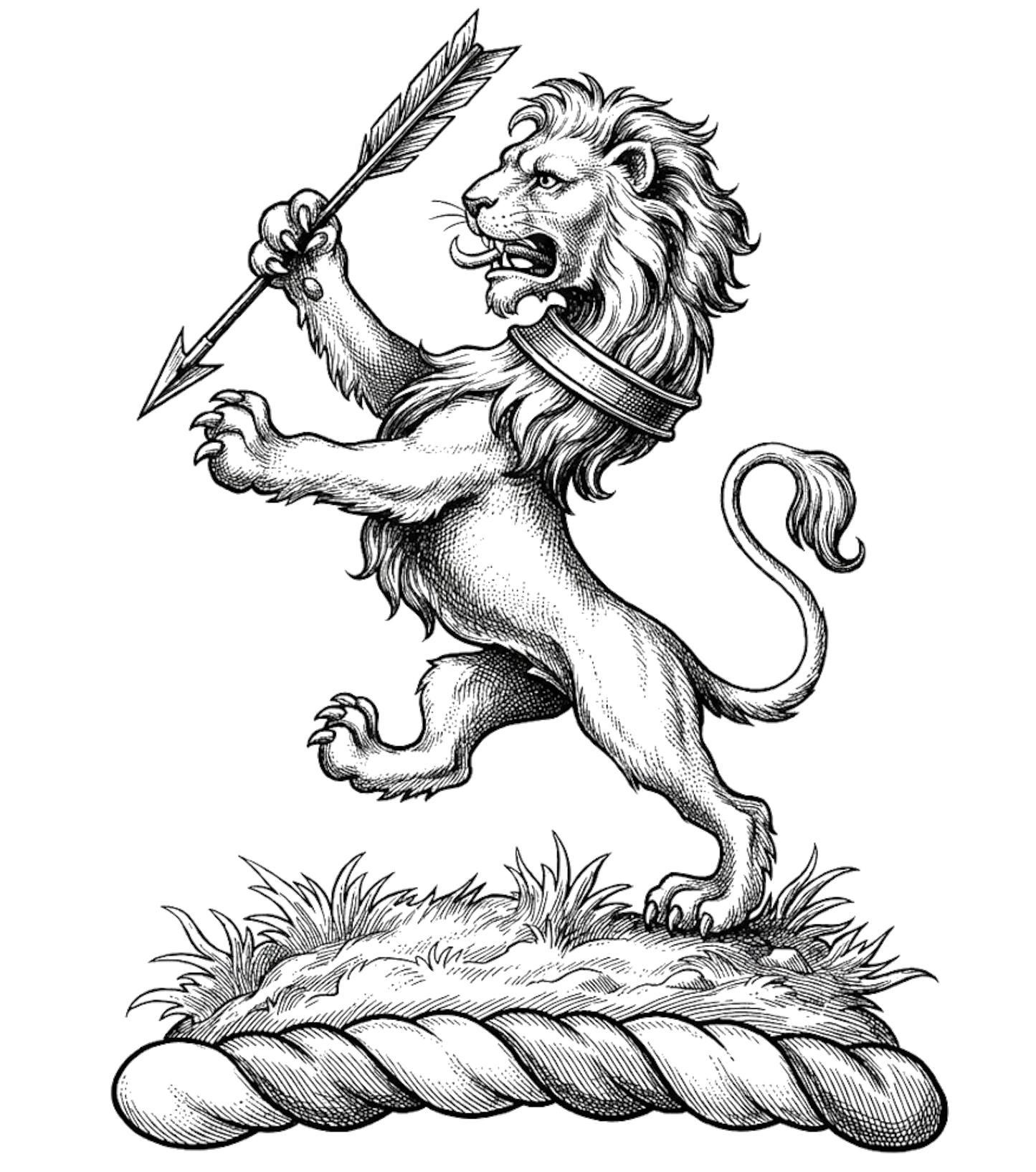 On a mount a lion rampant ppr., collared gu., holding in the dexter paw an arrow sa. digital download: Includes Color PNG, B&W PNG, and SVG vector files