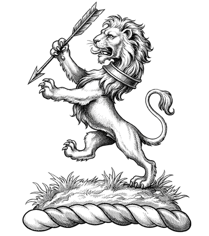 On a mount a lion rampant ppr., collared gu., holding in the dexter paw an arrow sa. digital download: Includes Color PNG, B&W PNG, and SVG vector files