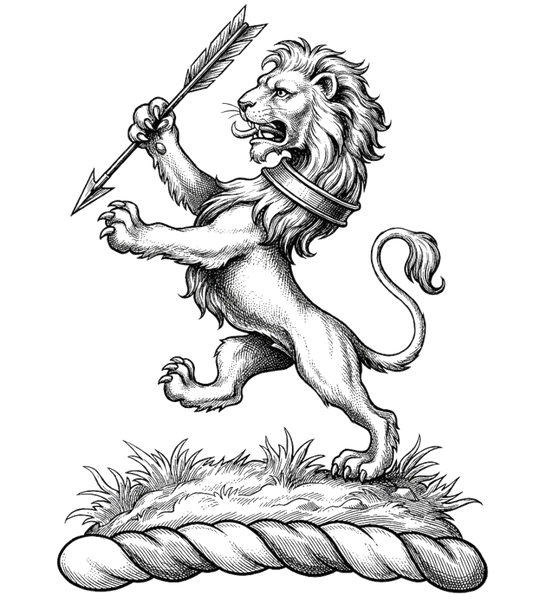 On a mount a lion rampant ppr., collared gu., holding in the dexter paw an arrow sa. digital download: Includes Color PNG, B&W PNG, and SVG vector files