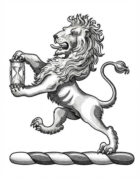 A lion rampant, holding between the paws an hour-glass digital download: Includes Color PNG, B&W PNG, and SVG vector files