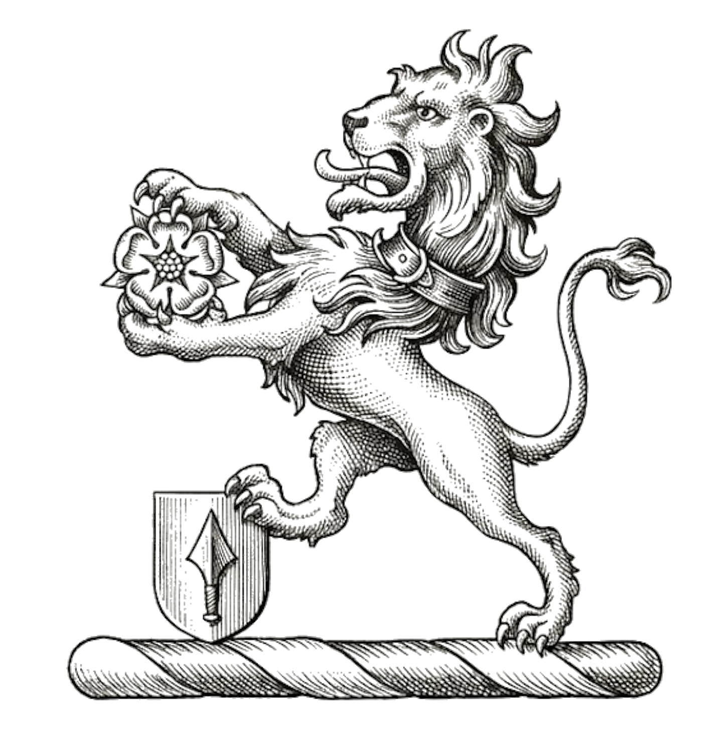 Lion Rampant Gorged with Collar Holding Rose digital download: Includes Color PNG, B&W PNG, and SVG vector files
