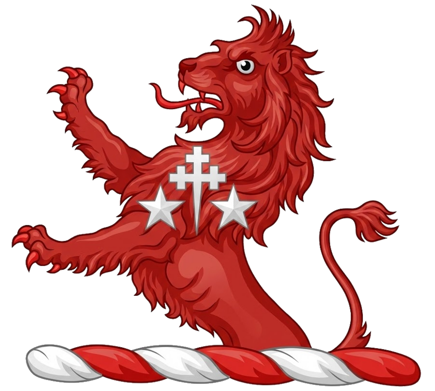 A demi-lion rampant Gules, charged on the shoulder with a cross patriarchal fitchée between two mullets Argent digital download: Includes Color PNG, B&W PNG, and SVG vector files
