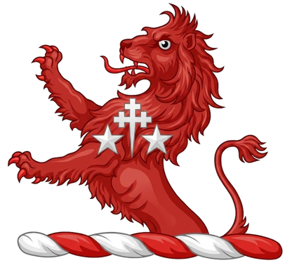 A demi-lion rampant Gules, charged on the shoulder with a cross patriarchal fitchée between two mullets Argent digital download: Includes Color PNG, B&W PNG, and SVG vector files