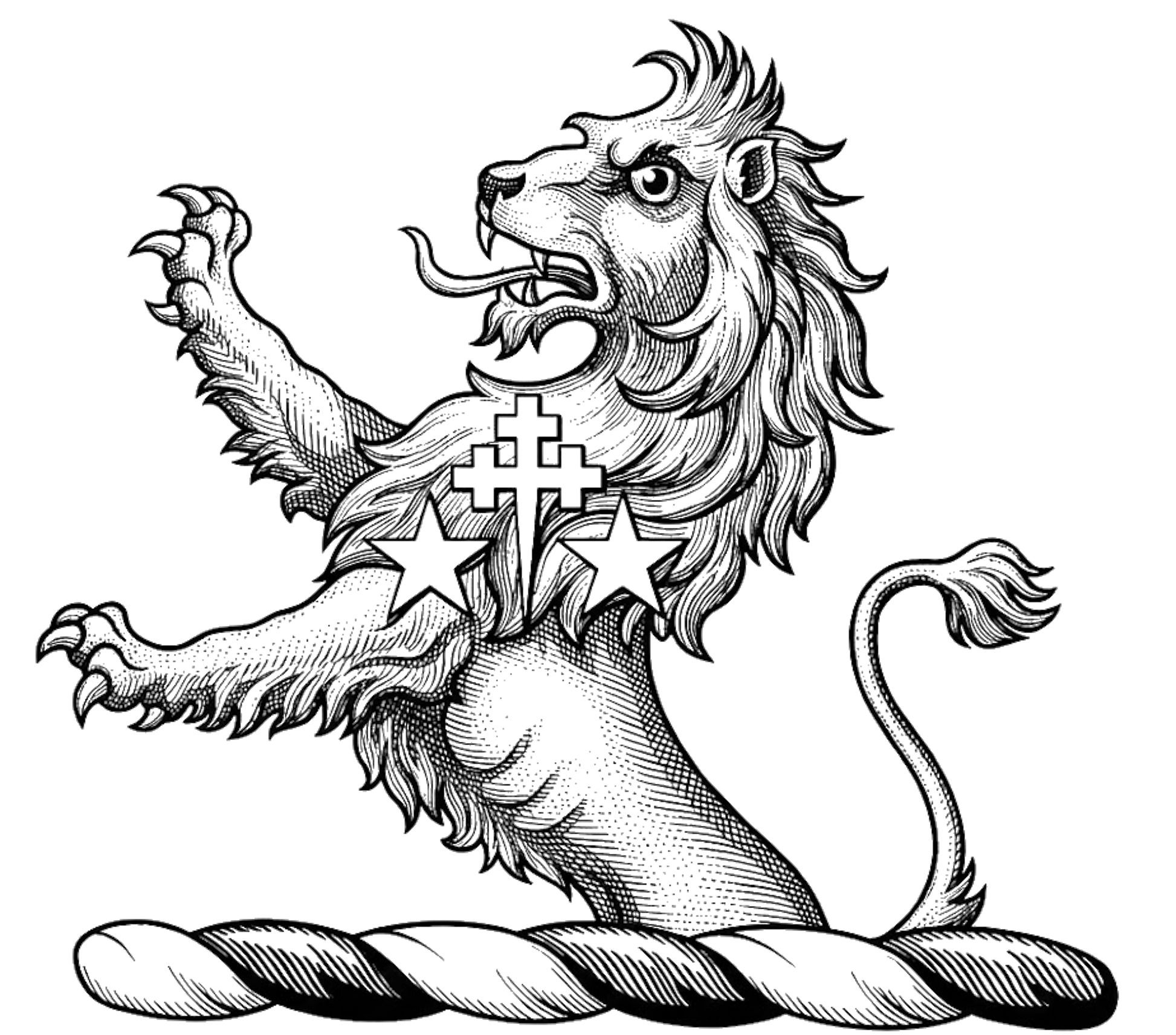 A demi-lion rampant Gules, charged on the shoulder with a cross patriarchal fitchée between two mullets Argent digital download: Includes Color PNG, B&W PNG, and SVG vector files