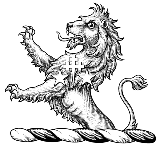 A demi-lion rampant Gules, charged on the shoulder with a cross patriarchal fitchée between two mullets Argent digital download: Includes Color PNG, B&W PNG, and SVG vector files