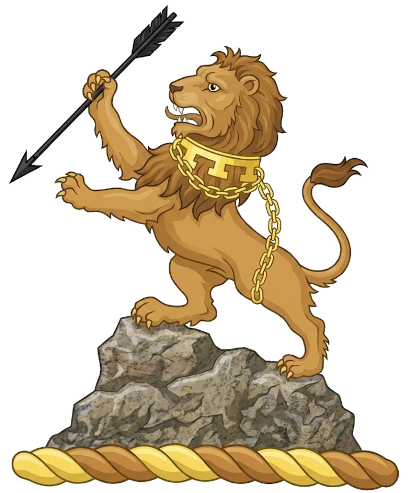 On a rock, a lion rampant proper, collared and chained Or, holding in the dexter paw an arrow Sable digital download: Includes Color PNG, B&W PNG, and SVG vector files