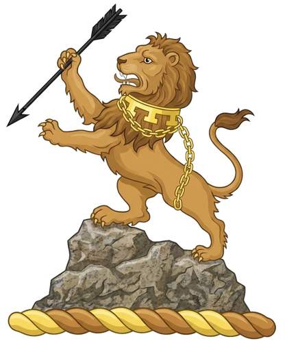 On a rock, a lion rampant proper, collared and chained Or, holding in the dexter paw an arrow Sable digital download: Includes Color PNG, B&W PNG, and SVG vector files