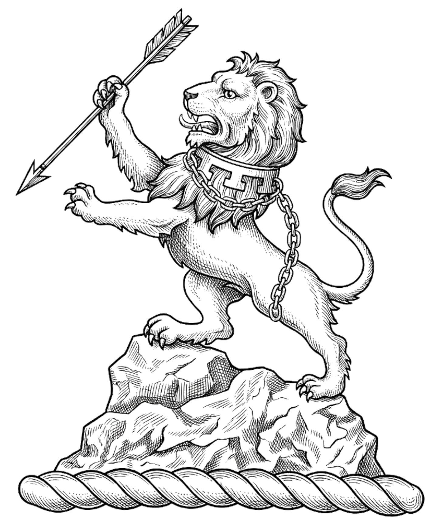 On a rock, a lion rampant proper, collared and chained Or, holding in the dexter paw an arrow Sable digital download: Includes Color PNG, B&W PNG, and SVG vector files
