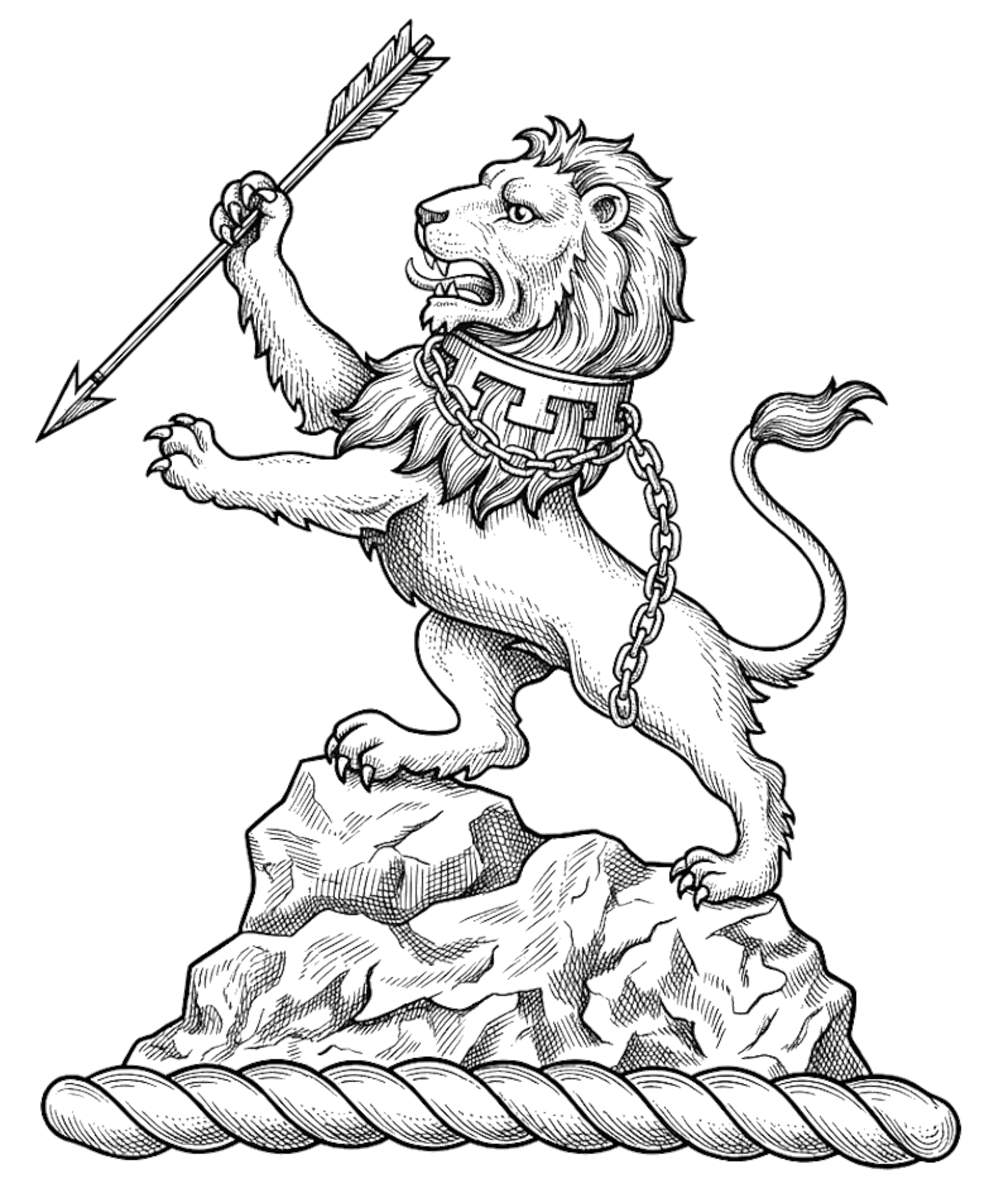 On a rock, a lion rampant proper, collared and chained Or, holding in the dexter paw an arrow Sable digital download: Includes Color PNG, B&W PNG, and SVG vector files