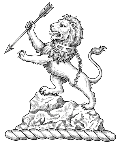 On a rock, a lion rampant proper, collared and chained Or, holding in the dexter paw an arrow Sable digital download: Includes Color PNG, B&W PNG, and SVG vector files