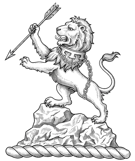 On a rock, a lion rampant proper, collared and chained Or, holding in the dexter paw an arrow Sable digital download: Includes Color PNG, B&W PNG, and SVG vector files
