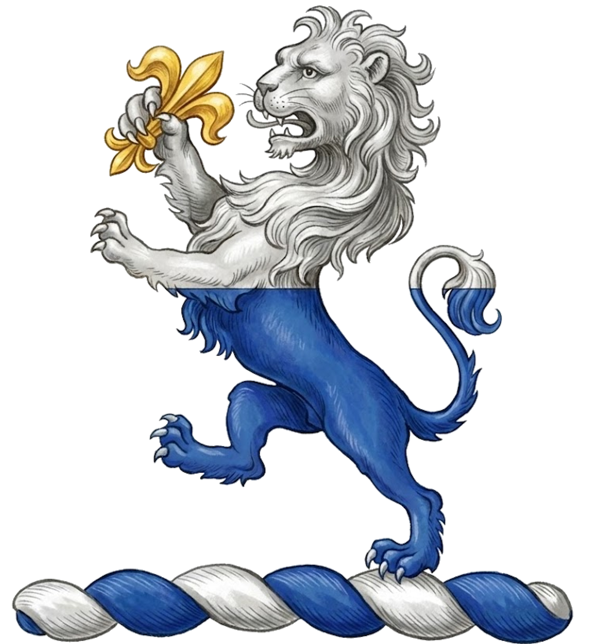 Lion Rampant per fesse Argent and Azure holding Fleur-de-lis digital download: Includes Color PNG, B&W PNG, and SVG vector files