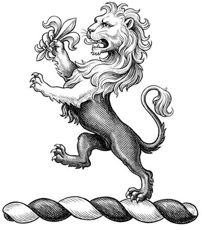 Lion Rampant per fesse Argent and Azure holding Fleur-de-lis digital download: Includes Color PNG, B&W PNG, and SVG vector files