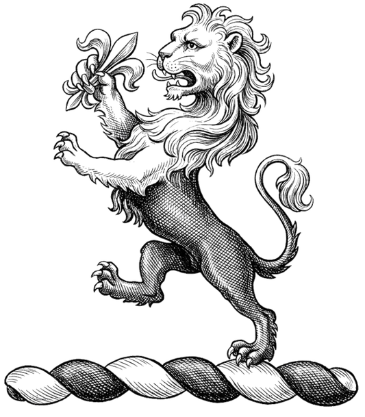 Lion Rampant per fesse Argent and Azure holding Fleur-de-lis digital download: Includes Color PNG, B&W PNG, and SVG vector files