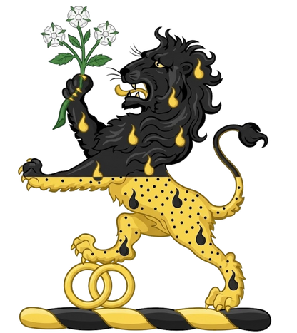 Lion Rampant per fesse Sable and Or guttee counterchanged holding a branch of three roses digital download: Includes Color PNG, B&W PNG, and SVG vector files