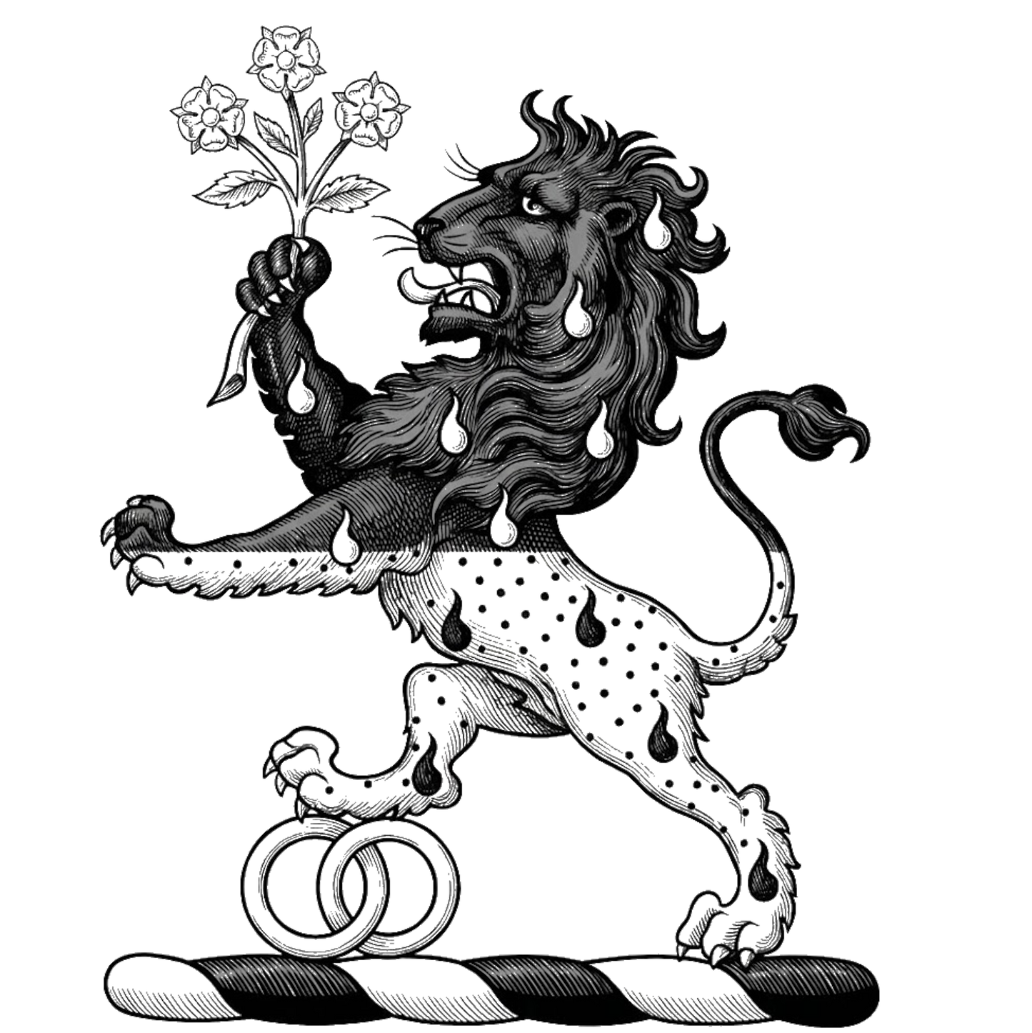 Lion Rampant per fesse Sable and Or guttee counterchanged holding a branch of three roses digital download: Includes Color PNG, B&W PNG, and SVG vector files