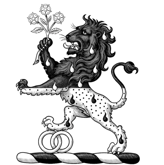 Lion Rampant per fesse Sable and Or guttee counterchanged holding a branch of three roses digital download: Includes Color PNG, B&W PNG, and SVG vector files