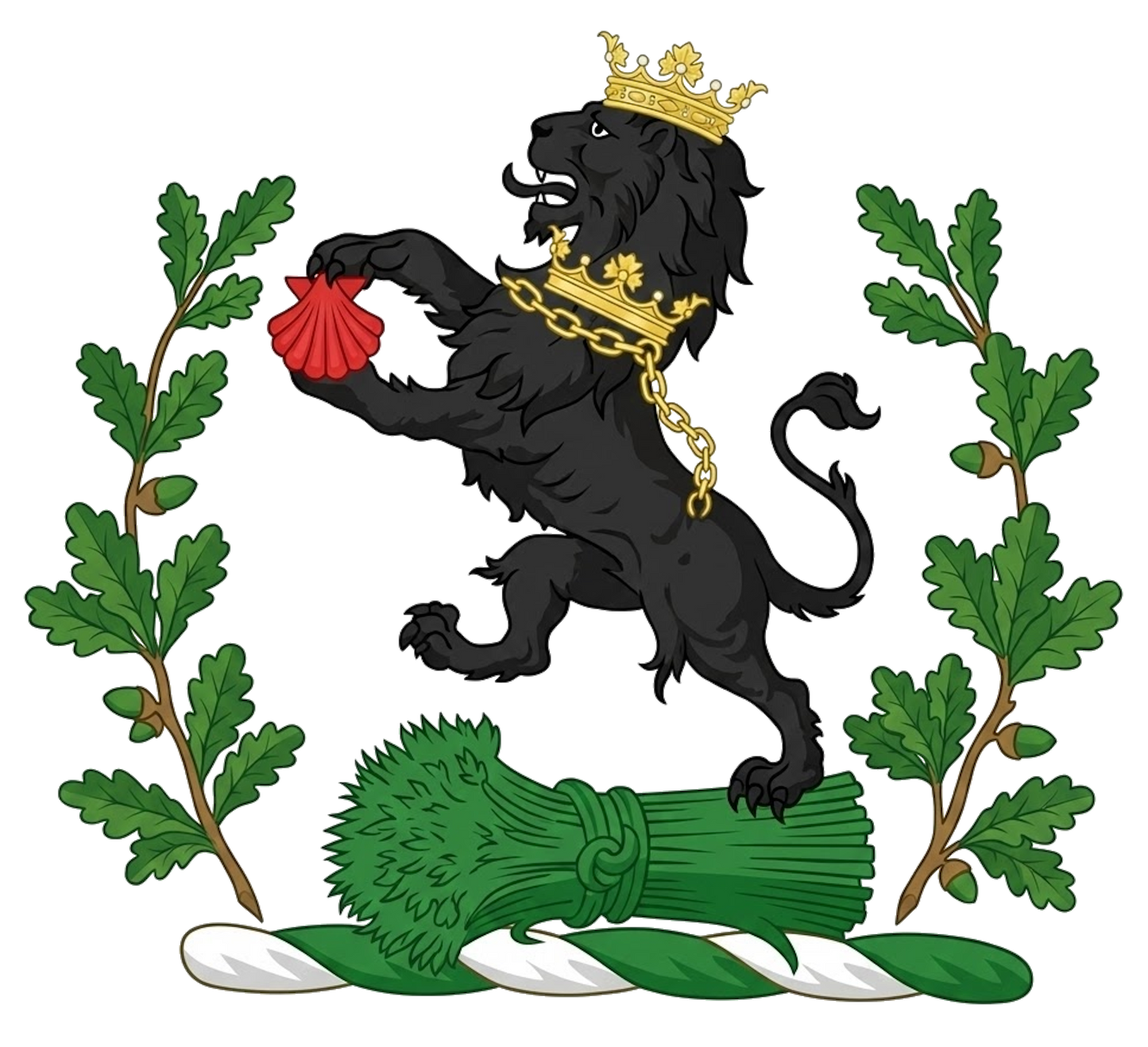 Between two oak-branches proper, on a garb fessewise Vert, a lion rampant Sable, gorged with a ducal coronet, and therefrom a chain reflexed over the back Or, holding between the paws an escallop Gules digital download: Includes Color PNG, B&W PNG, and SVG vector files