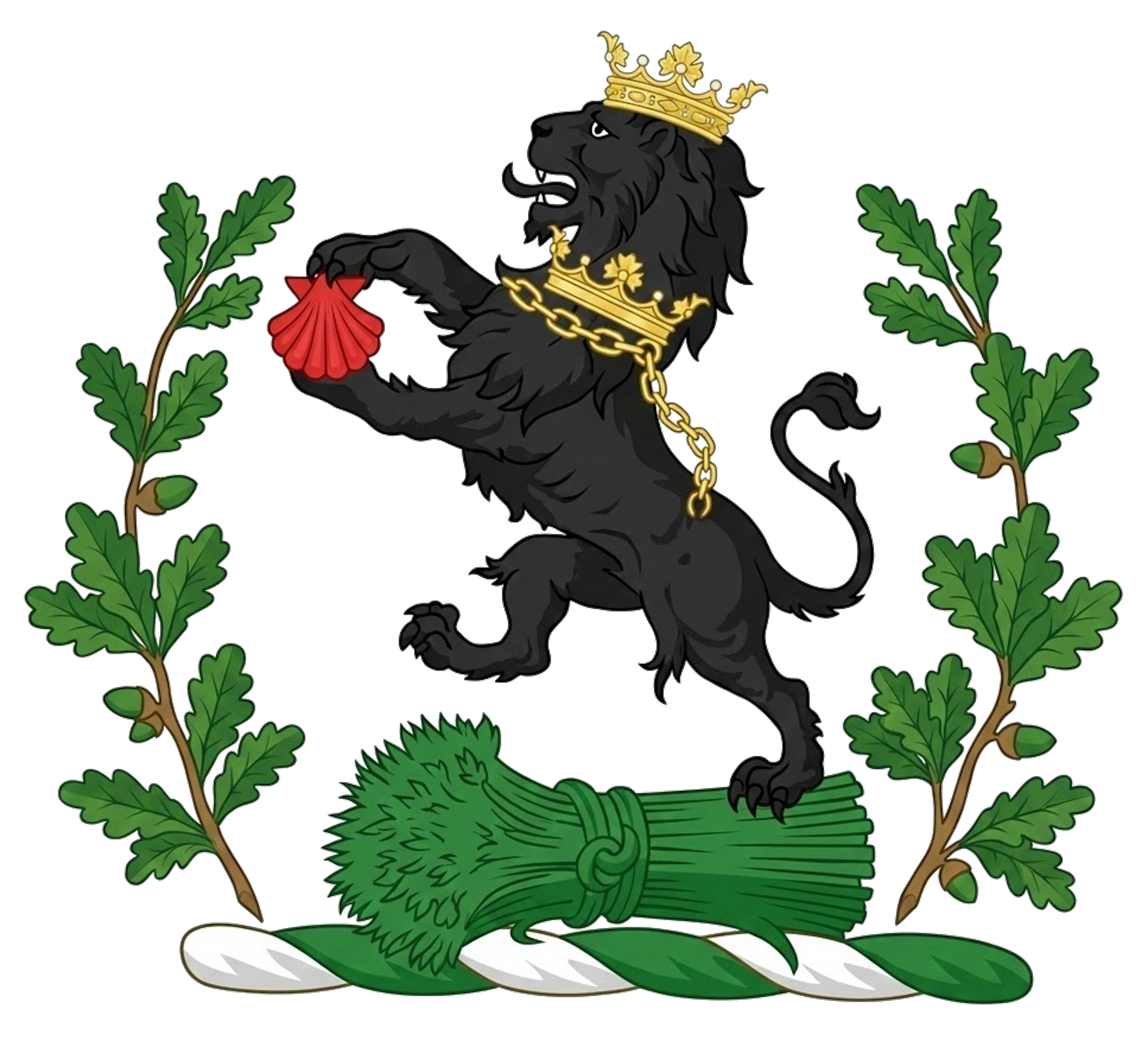Between two oak-branches proper, on a garb fessewise Vert, a lion rampant Sable, gorged with a ducal coronet, and therefrom a chain reflexed over the back Or, holding between the paws an escallop Gules digital download: Includes Color PNG, B&W PNG, and SVG vector files